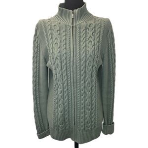 L.L.Bean Cable Knit Cardigan Sweater Mock Neck Cotton Full Zip Women Medium